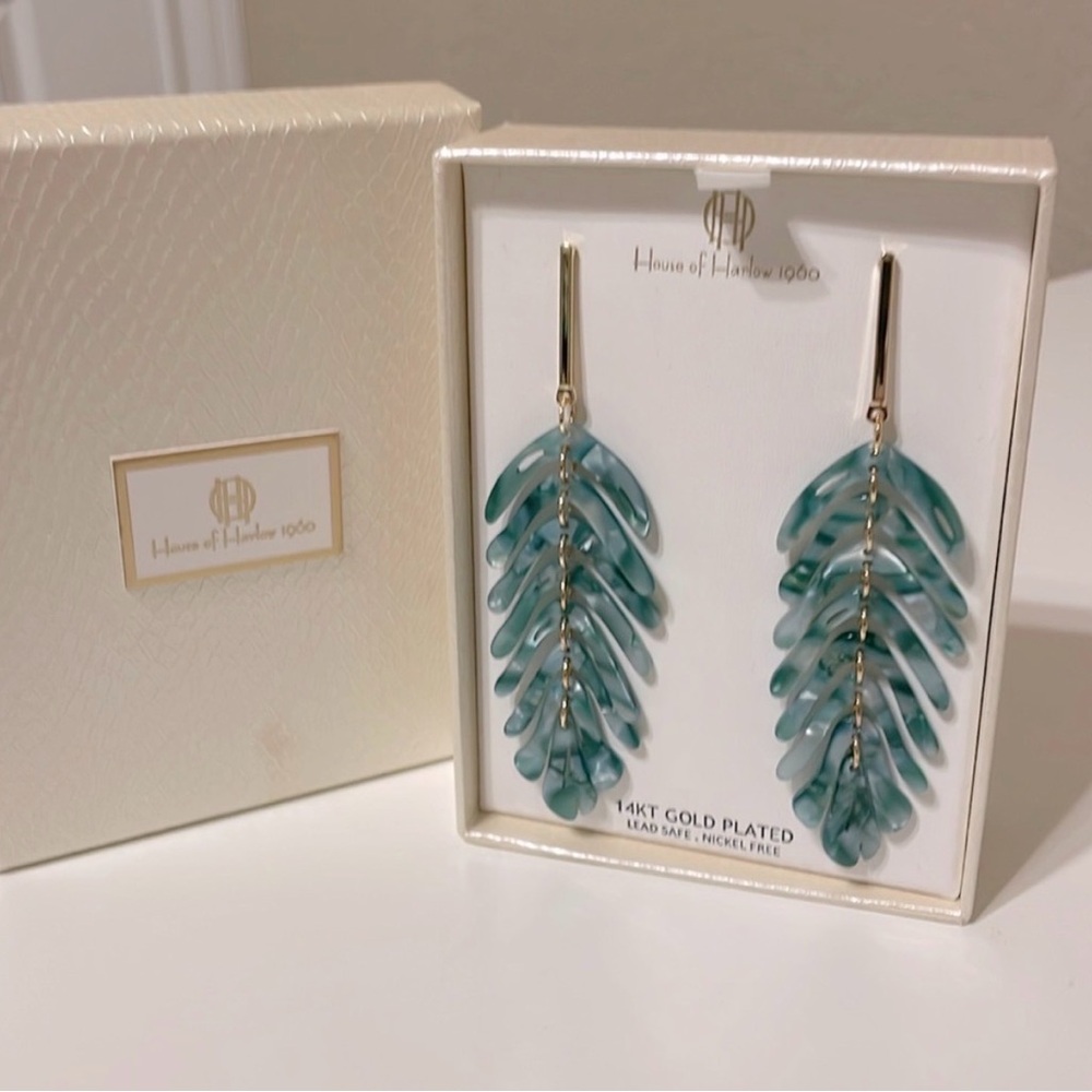 New in Box House of Harlow 1960 Teal Leaf Drop Earrings